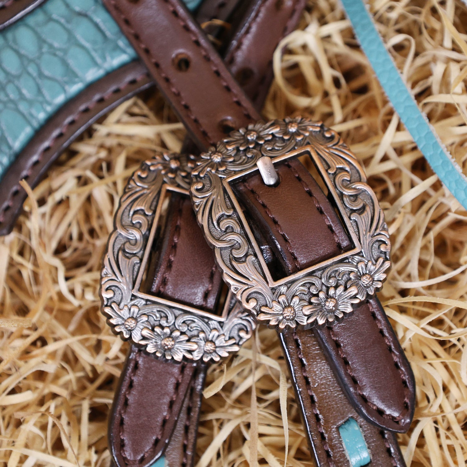 MOUSM Western Horse Bridle and Breast Collar Set - Argentina Cow Leather Headstall Set Decorated with Turquoise Croc Print Cowhide Leather Inlay &amp; Fringe