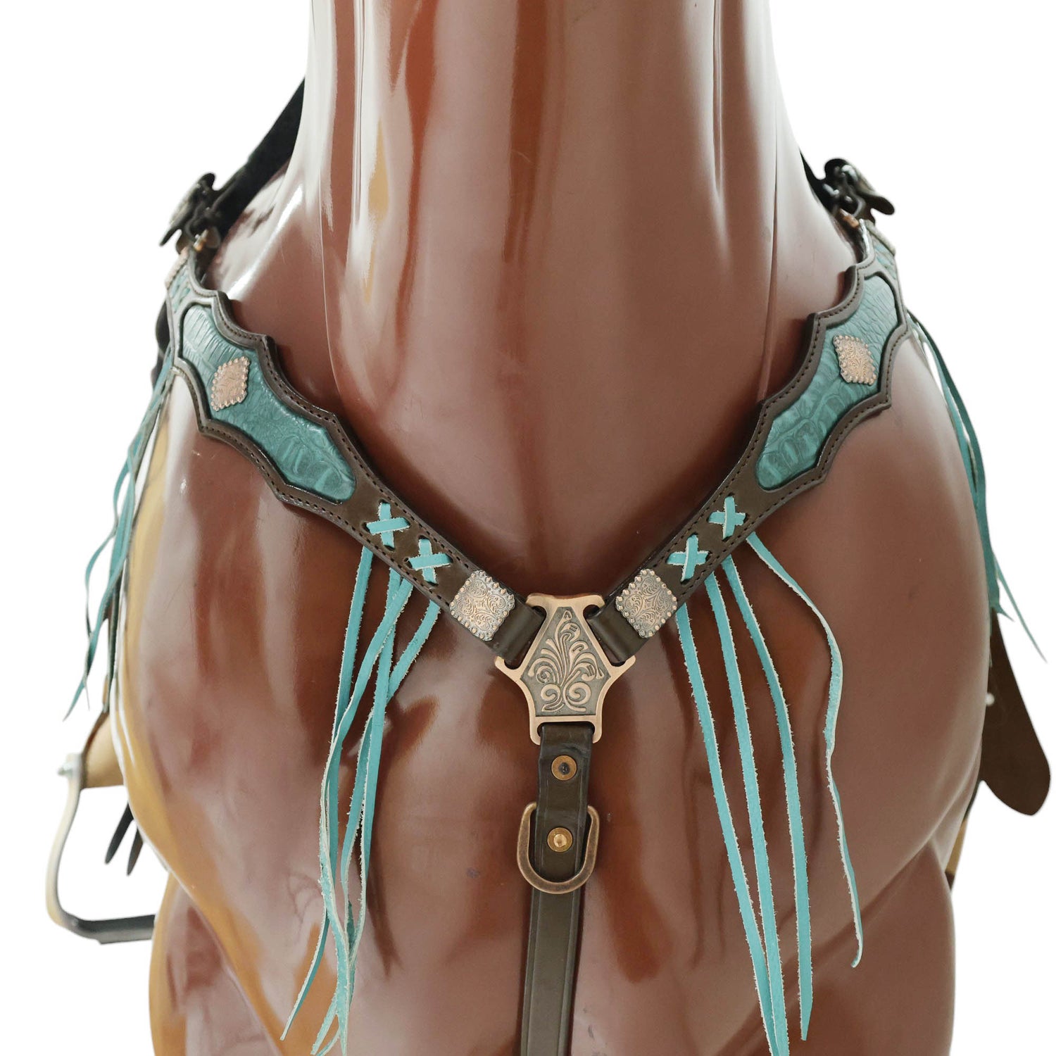 MOUSM Western Horse Bridle and Breast Collar Set - Argentina Cow Leather Headstall Set Decorated with Turquoise Croc Print Cowhide Leather Inlay &amp; Fringe