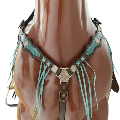 MOUSM Western Horse Bridle and Breast Collar Set - Argentina Cow Leather Headstall Set Decorated with Turquoise Croc Print Cowhide Leather Inlay &amp; Fringe