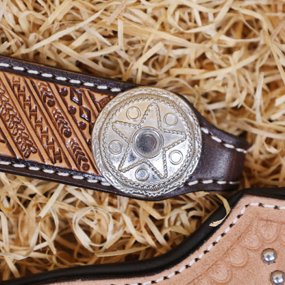 MOUSM Western Headstall and Breast Collar Set - Made with Argentina Cow Leather, Western Horse Tack with Hand Tooling, Nickel &amp; Copper Studs