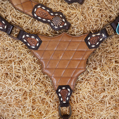 MOUSM Argentina Cow Leather Headstall &amp; Breast Collar Set – Western Horse Tack with Geometrical Stitching &amp; Leather Padded Design