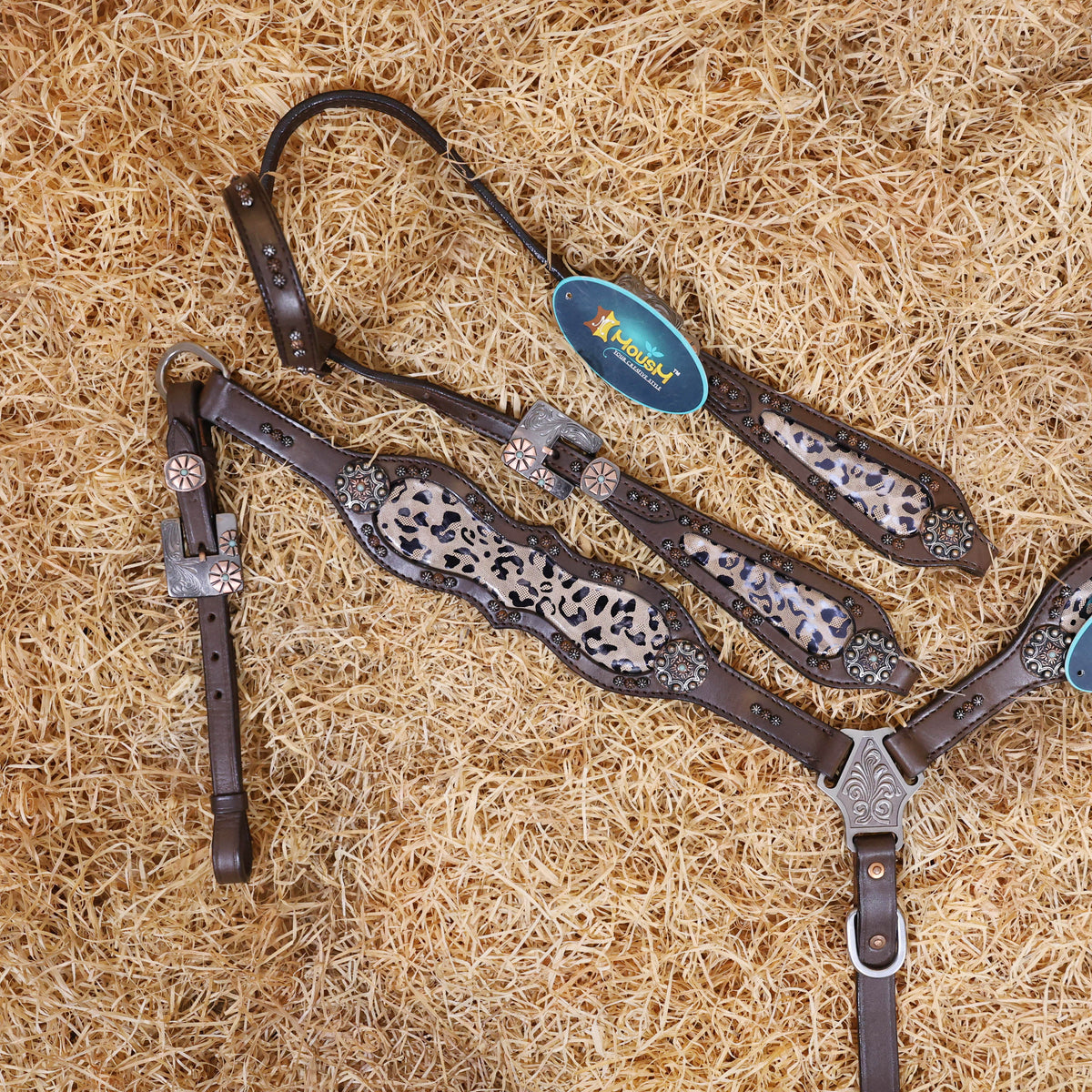 Leopard Printed Leather Headstall Set, Antique Copper Hardware