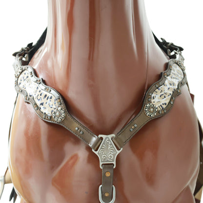 MOUSM Argentina Cow Leather Headstall and Breast Collar Set for Horse, Western Headstall Set Decorated with Leopard Printed Leather, Antique Copper Hardware