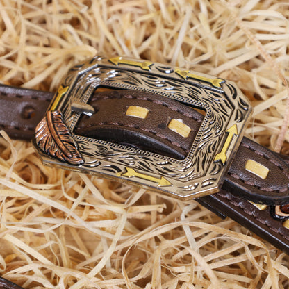 MOUSM Argentina Cow Leather Headstall &amp; Breast Collar Set – Western Bridle with Hand-Carved Golden Oak Leaf Overlay, Copper &amp; Brass Hardware