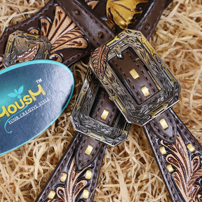 MOUSM Argentina Cow Leather Headstall &amp; Breast Collar Set – Western Bridle with Hand-Carved Golden Oak Leaf Overlay, Copper &amp; Brass Hardware