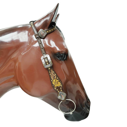 MOUSM Argentina Cow Leather Headstall &amp; Breast Collar Set – Western Bridle with Hand-Carved Golden Oak Leaf Overlay, Copper &amp; Brass Hardware
