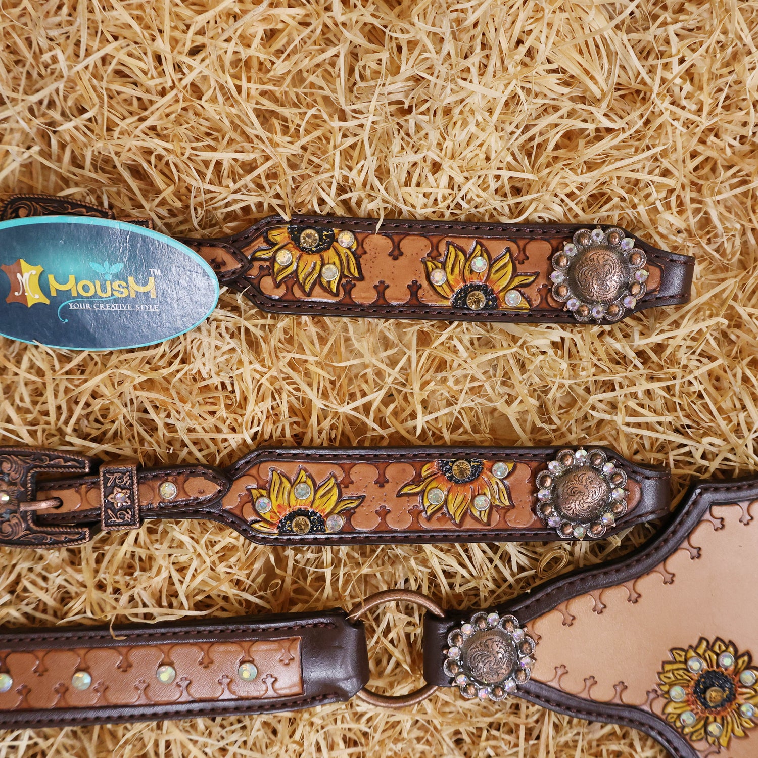 MOUSM Argentina Cow Leather Headstall &amp; Breast Collar Set – Western Bridle Set Decorated with Sunflower Carving and Geometrical Tooling with Multicolor Stone Overlay
