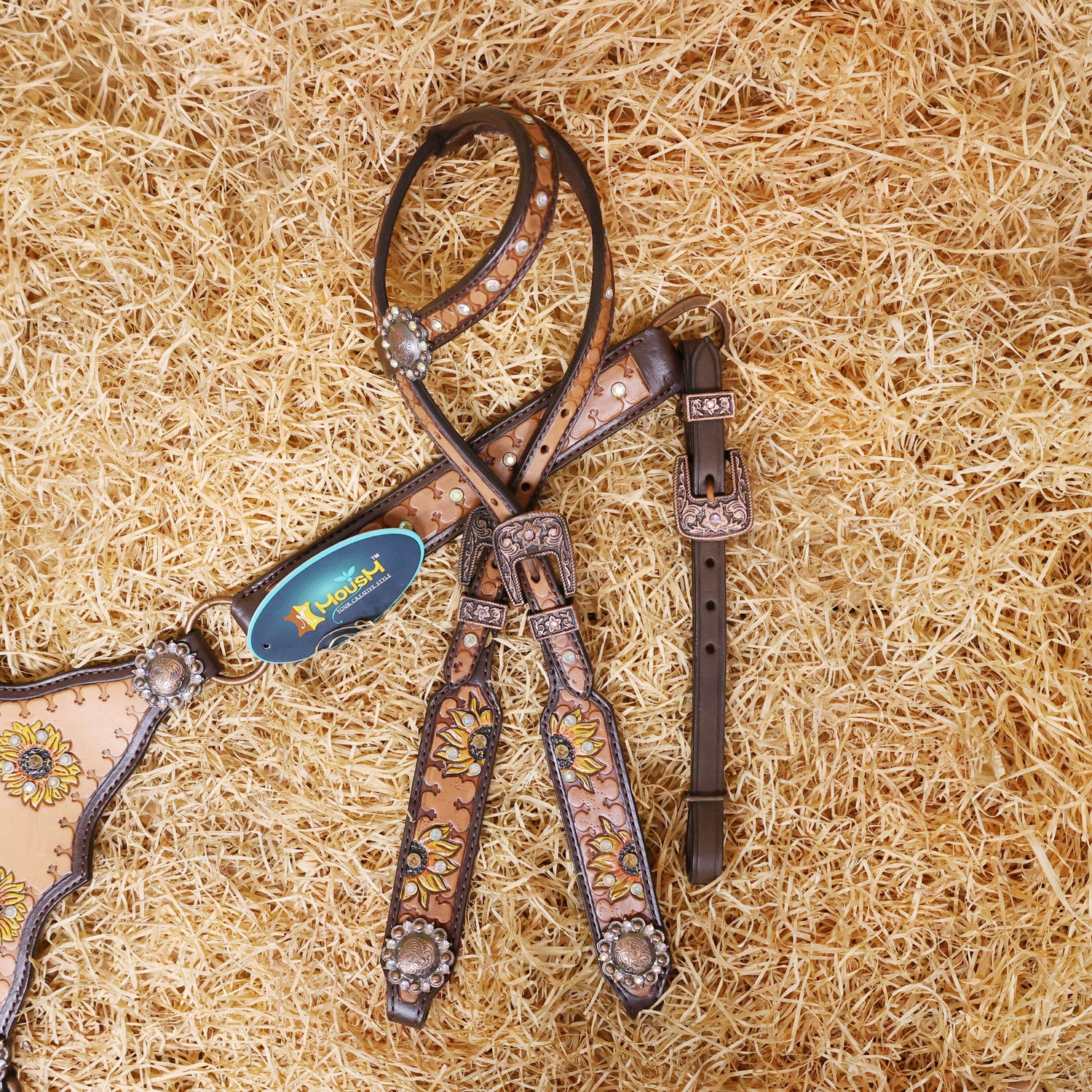 MOUSM Argentina Cow Leather Headstall &amp; Breast Collar Set – Western Bridle Set Decorated with Sunflower Carving and Geometrical Tooling with Multicolor Stone Overlay