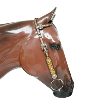 MOUSM Argentina Cow Leather Headstall &amp; Breast Collar Set – Western Bridle Set Decorated with Sunflower Carving and Geometrical Tooling with Multicolor Stone Overlay