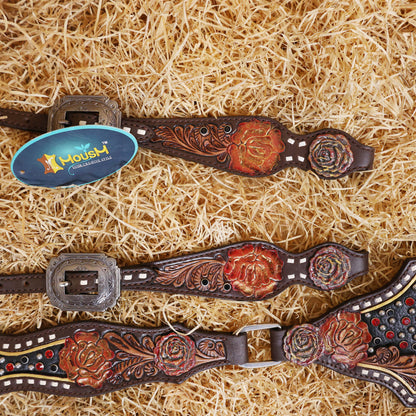 MOUSM Argentina Cow Leather Headstall &amp; Breast Collar Set – Western Bridle Tack Set Decorated with Rose Carving and Rose Hardware with Red Stone Overlay