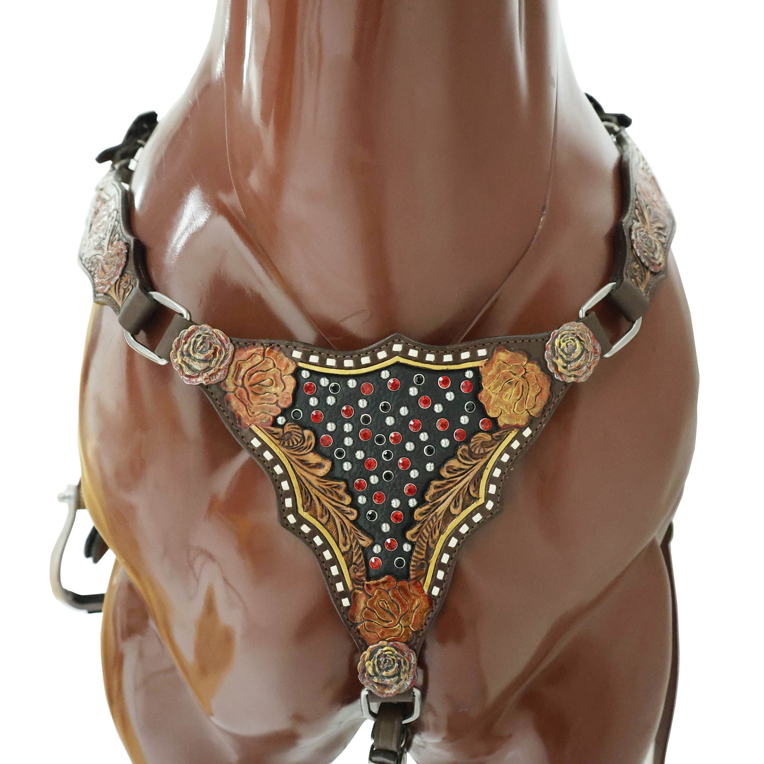 MOUSM Argentina Cow Leather Headstall &amp; Breast Collar Set – Western Bridle Tack Set Decorated with Rose Carving and Rose Hardware with Red Stone Overlay