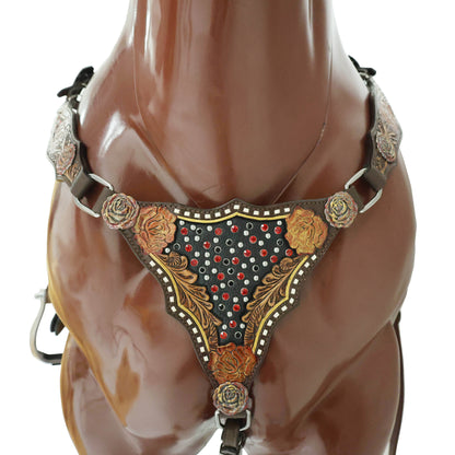 MOUSM Argentina Cow Leather Headstall &amp; Breast Collar Set – Western Bridle Tack Set Decorated with Rose Carving and Rose Hardware with Red Stone Overlay