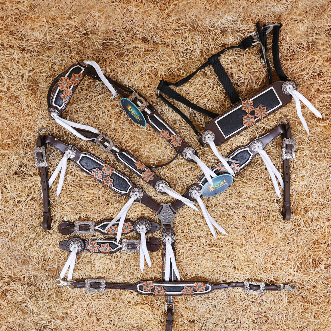 MOUSM Argentina Cow Leather Western Horse Tack Set – Browband Headstall &amp; Breast Collar, Bronc Halter, Wither &amp; Spur Straps, Decorated with Flower Carving and White String