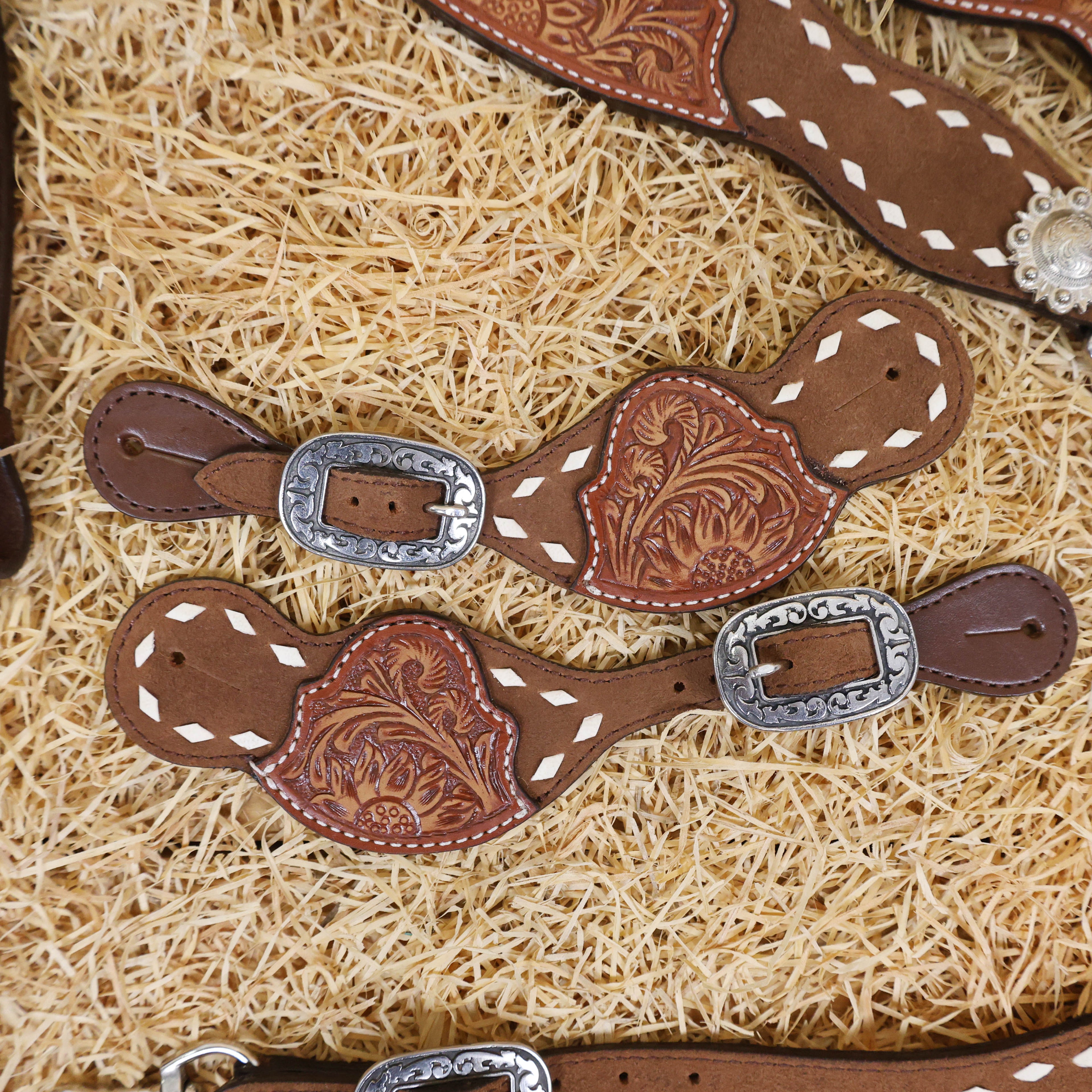 MOUSM Argentina Cow Leather Western Horse Tack Set – One Ear Headstall &amp; Breast Collar, Bronc Halter, Wither &amp; Spur Straps with Hand-Tooled Sunflower Carving &amp; White Buck Stitching