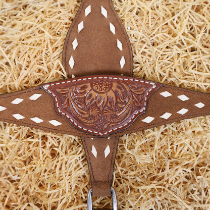 MOUSM Argentina Cow Leather Western Horse Tack Set – One Ear Headstall &amp; Breast Collar, Bronc Halter, Wither &amp; Spur Straps with Hand-Tooled Sunflower Carving &amp; White Buck Stitching