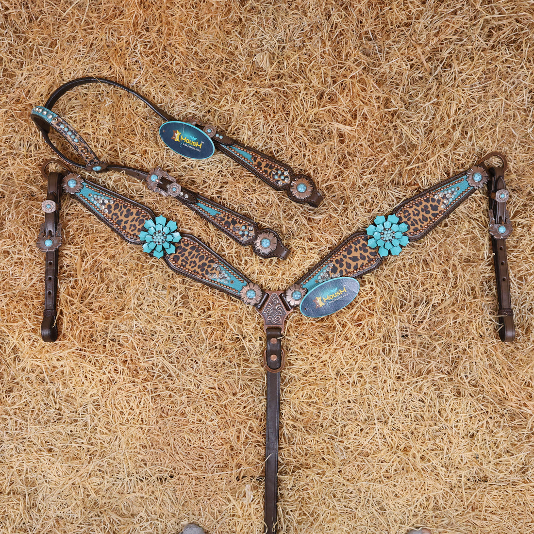 MOUSM Argentina Cow Leather Headstall &amp; Breast Collar Set – Western Bridle with Leopard Print with Turquoise Floral Conchos &amp; Stud Detailing