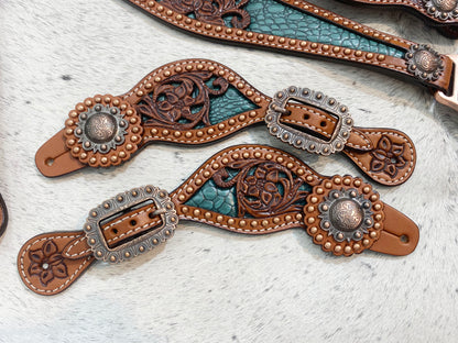MOUSM Argentina Cow Leather Western Horse Tack Collection – Western Bridles and Headstalls Decorated with Copper Studs, Conchos, Flower Filigree Carving &amp; Alligator Inlay