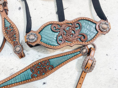 MOUSM Argentina Cow Leather Western Horse Tack Collection – Western Bridles and Headstalls Decorated with Copper Studs, Conchos, Flower Filigree Carving &amp; Alligator Inlay