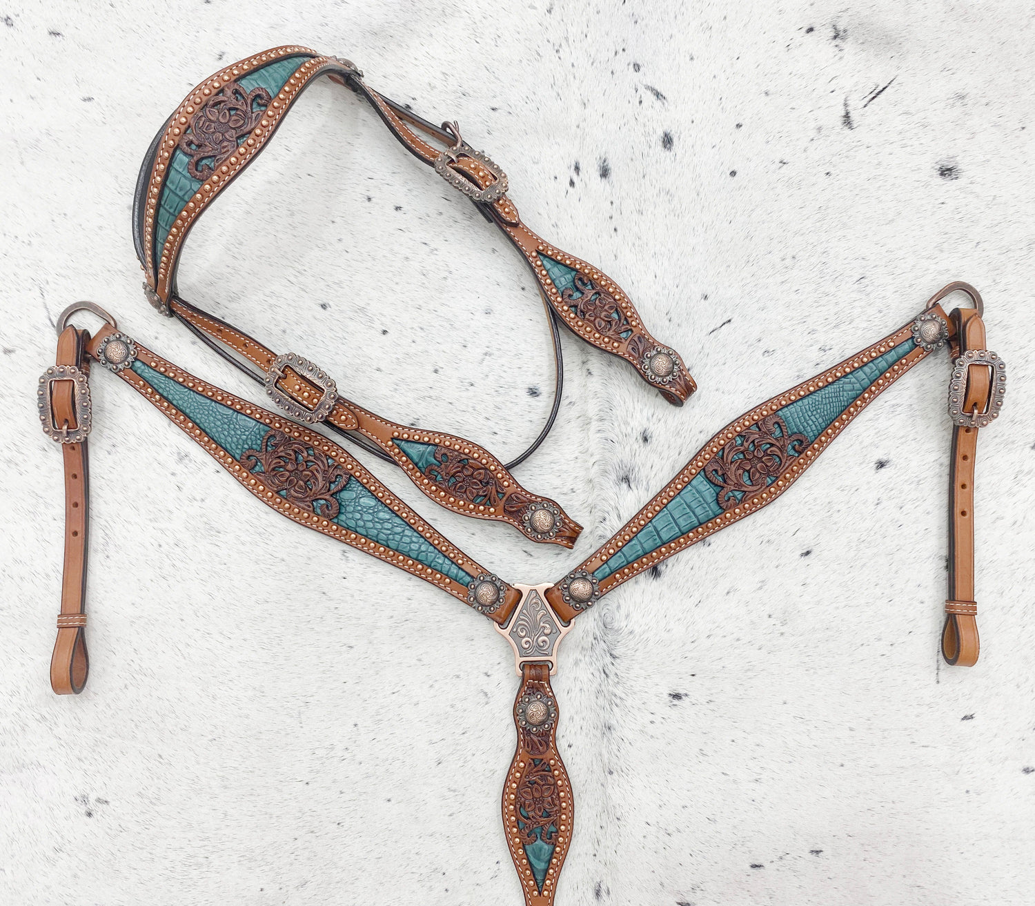 MOUSM Argentina Cow Leather Western Horse Tack Collection – Western Bridles and Headstalls Decorated with Copper Studs, Conchos, Flower Filigree Carving &amp; Alligator Inlay