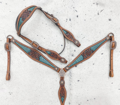 MOUSM Argentina Cow Leather Western Horse Tack Collection – Western Bridles and Headstalls Decorated with Copper Studs, Conchos, Flower Filigree Carving &amp; Alligator Inlay