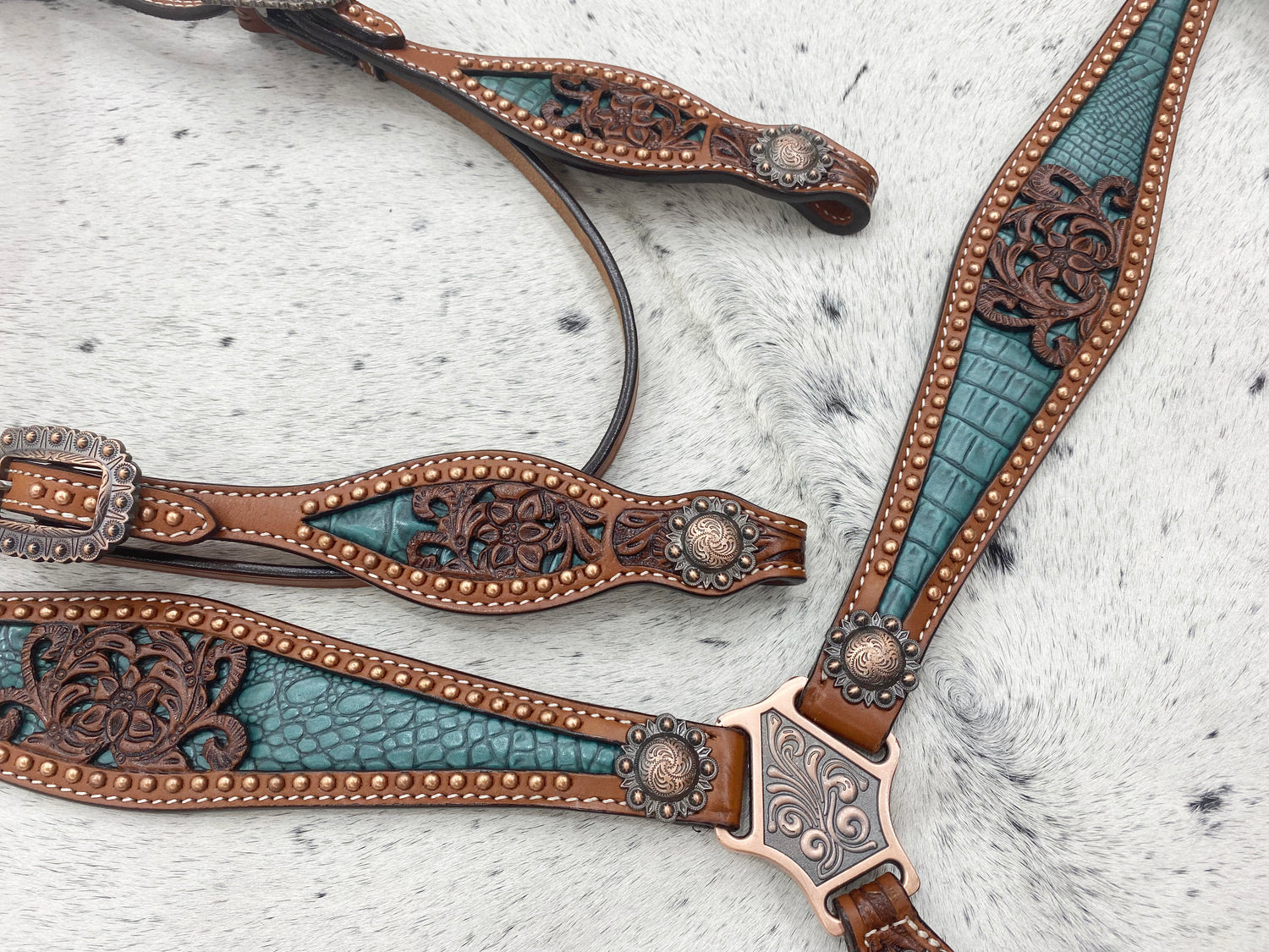 MOUSM Argentina Cow Leather Western Horse Tack Collection – Western Bridles and Headstalls Decorated with Copper Studs, Conchos, Flower Filigree Carving &amp; Alligator Inlay