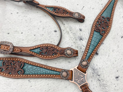 MOUSM Argentina Cow Leather Western Horse Tack Collection – Western Bridles and Headstalls Decorated with Copper Studs, Conchos, Flower Filigree Carving &amp; Alligator Inlay