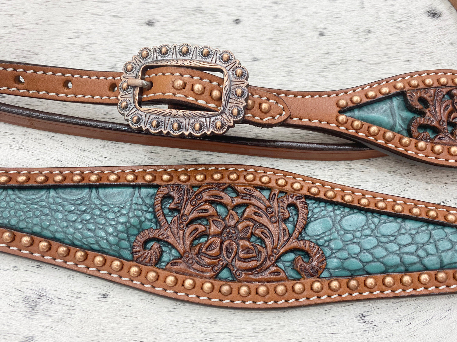 MOUSM Argentina Cow Leather Western Horse Tack Collection – Western Bridles and Headstalls Decorated with Copper Studs, Conchos, Flower Filigree Carving &amp; Alligator Inlay