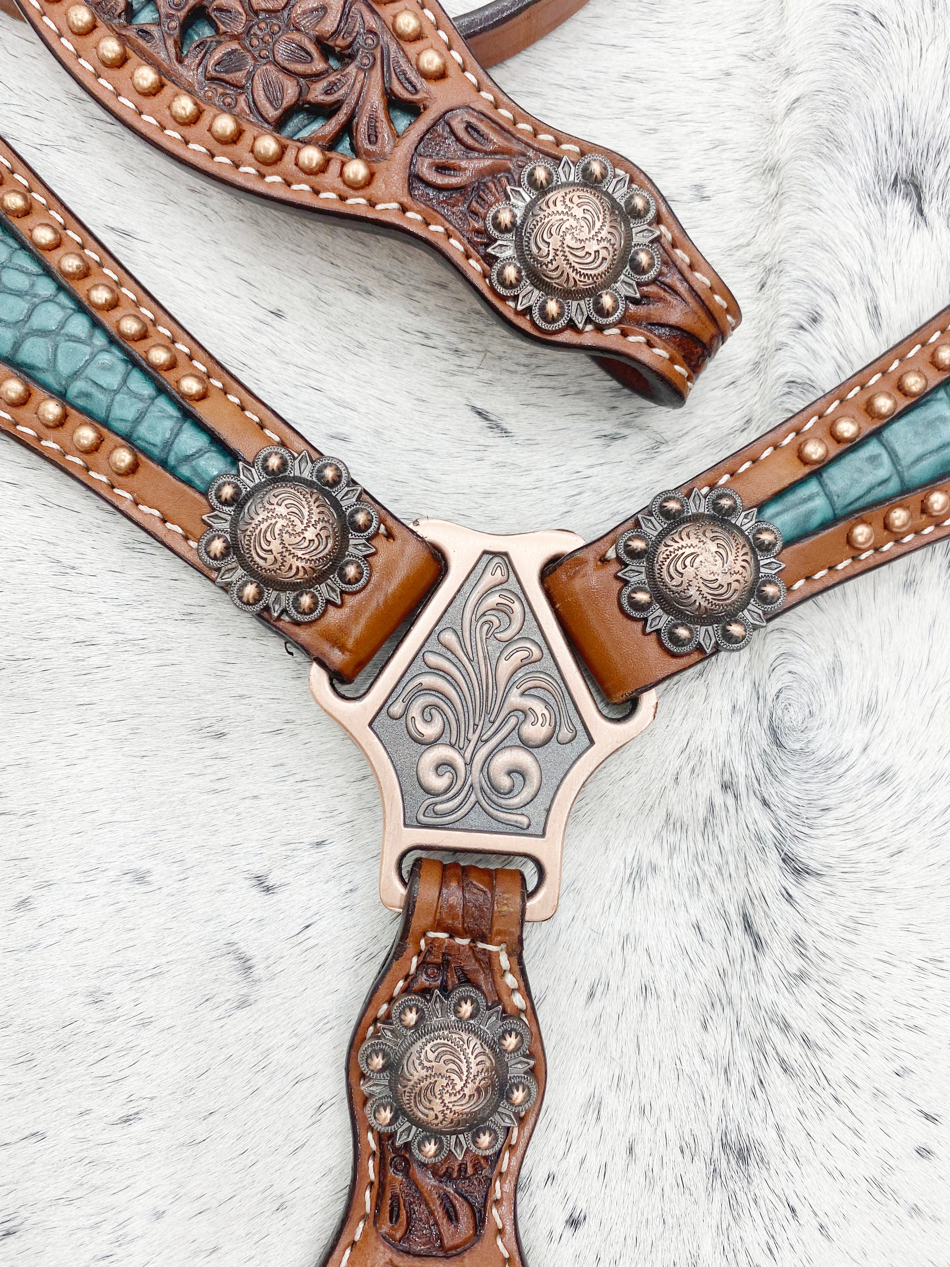 MOUSM Argentina Cow Leather Western Horse Tack Collection – Western Bridles and Headstalls Decorated with Copper Studs, Conchos, Flower Filigree Carving &amp; Alligator Inlay