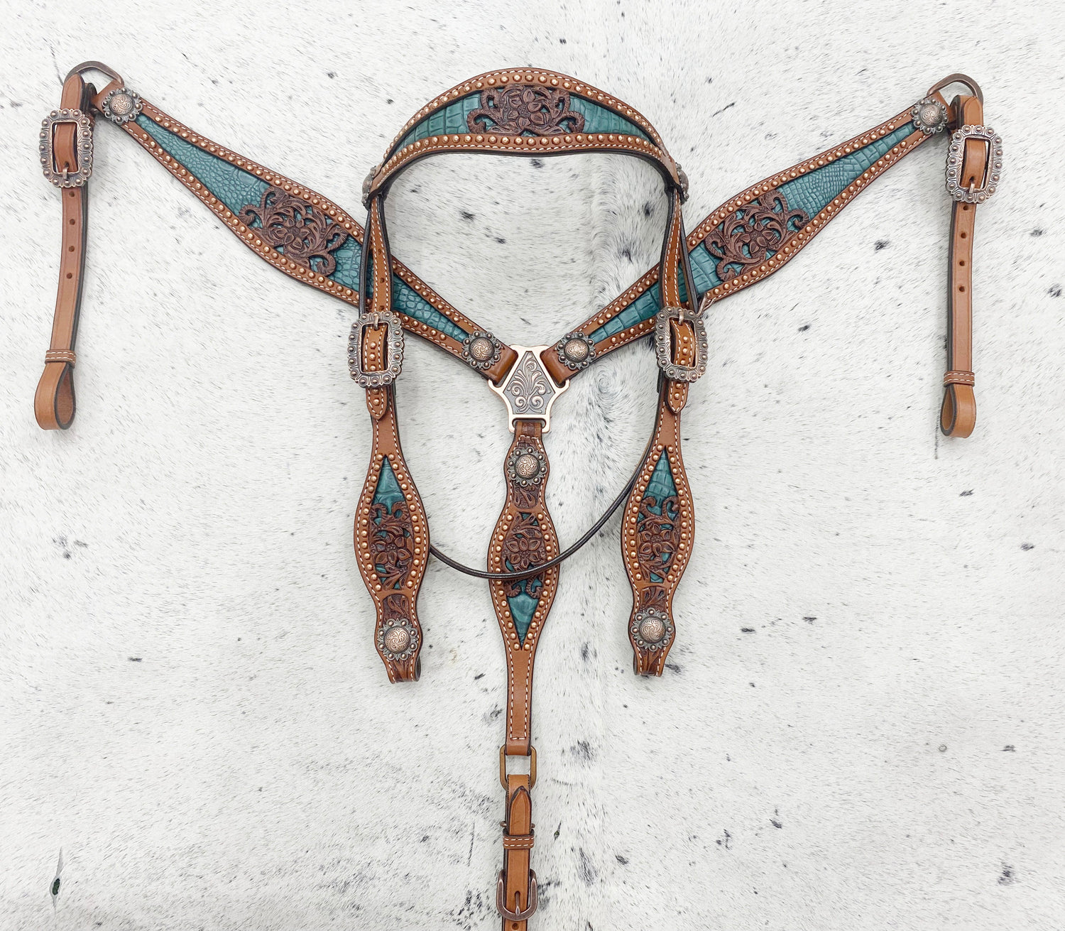 MOUSM Argentina Cow Leather Western Horse Tack Collection – Western Bridles and Headstalls Decorated with Copper Studs, Conchos, Flower Filigree Carving &amp; Alligator Inlay