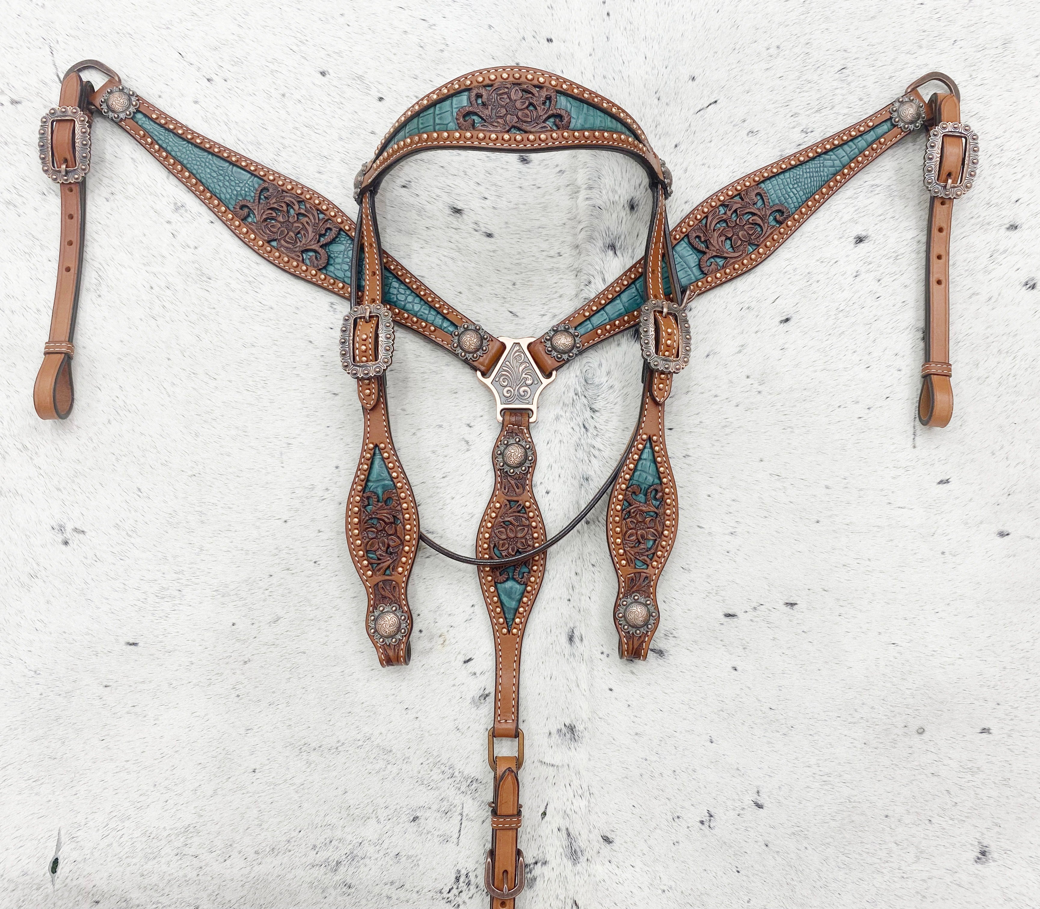 MOUSM Argentina Cow Leather Western Horse Tack Collection – Western Bridles and Headstalls Decorated with Copper Studs, Conchos, Flower Filigree Carving &amp; Alligator Inlay