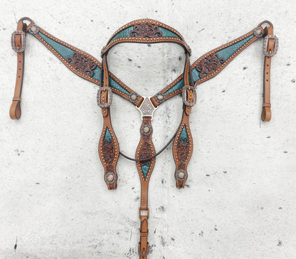 MOUSM Argentina Cow Leather Western Horse Tack Collection – Western Bridles and Headstalls Decorated with Copper Studs, Conchos, Flower Filigree Carving &amp; Alligator Inlay