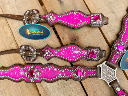 MOUSM Western Leather Headstall and Breast Collar Set – Handcrafted from Pink Silver Metallic Acid Wash Argentina Cowhide with Shining Rhinestones Conchos