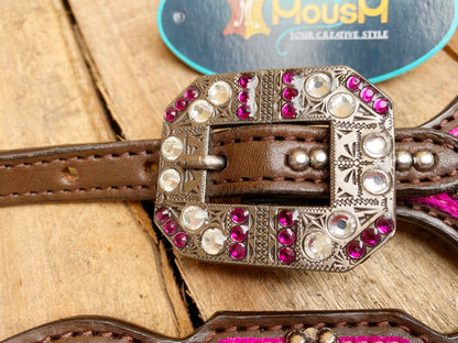 MOUSM Western Leather Headstall and Breast Collar Set – Handcrafted from Pink Silver Metallic Acid Wash Argentina Cowhide with Shining Rhinestones Conchos