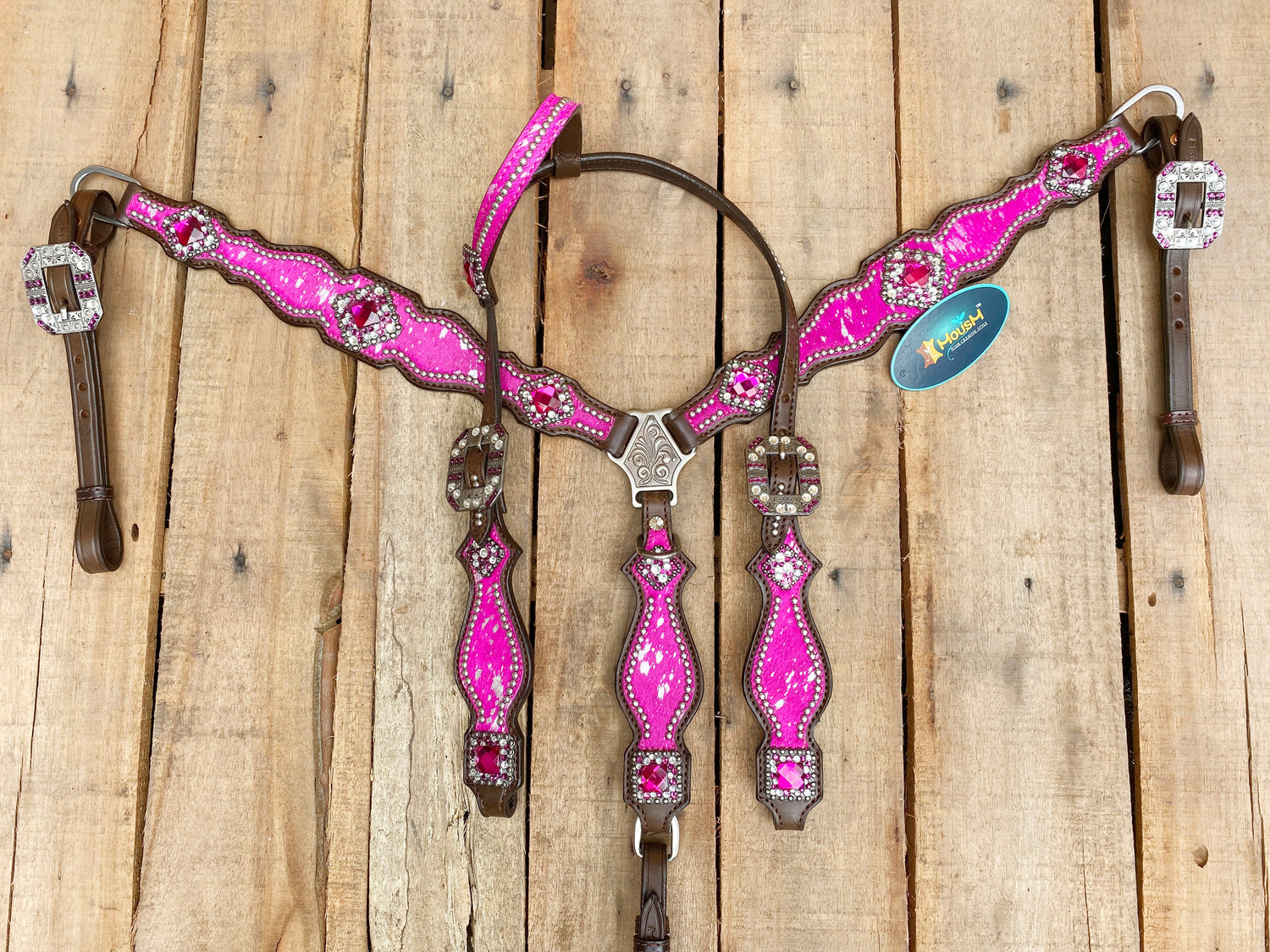 MOUSM Western Leather Headstall and Breast Collar Set – Handcrafted from Pink Silver Metallic Acid Wash Argentina Cowhide with Shining Rhinestones Conchos