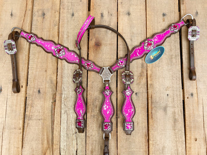 MOUSM Western Leather Headstall and Breast Collar Set – Handcrafted from Pink Silver Metallic Acid Wash Argentina Cowhide with Shining Rhinestones Conchos