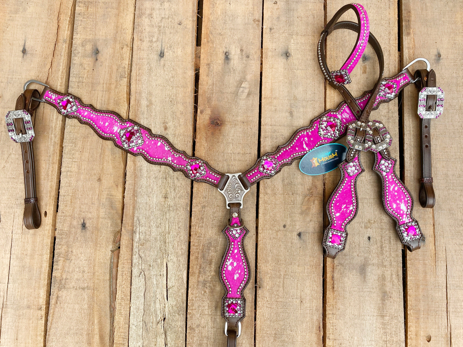 MOUSM Western Leather Headstall and Breast Collar Set – Handcrafted from Pink Silver Metallic Acid Wash Argentina Cowhide with Shining Rhinestones Conchos