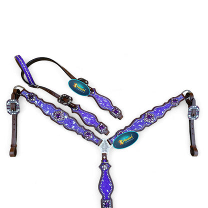 MOUSM Valentine’s Day Western Headstall &amp; Breast Collar Set – Made from Argentina Leather, Purple &amp; Silver Metallic Acid Wash Cowhide Look with Rhinestone Accents