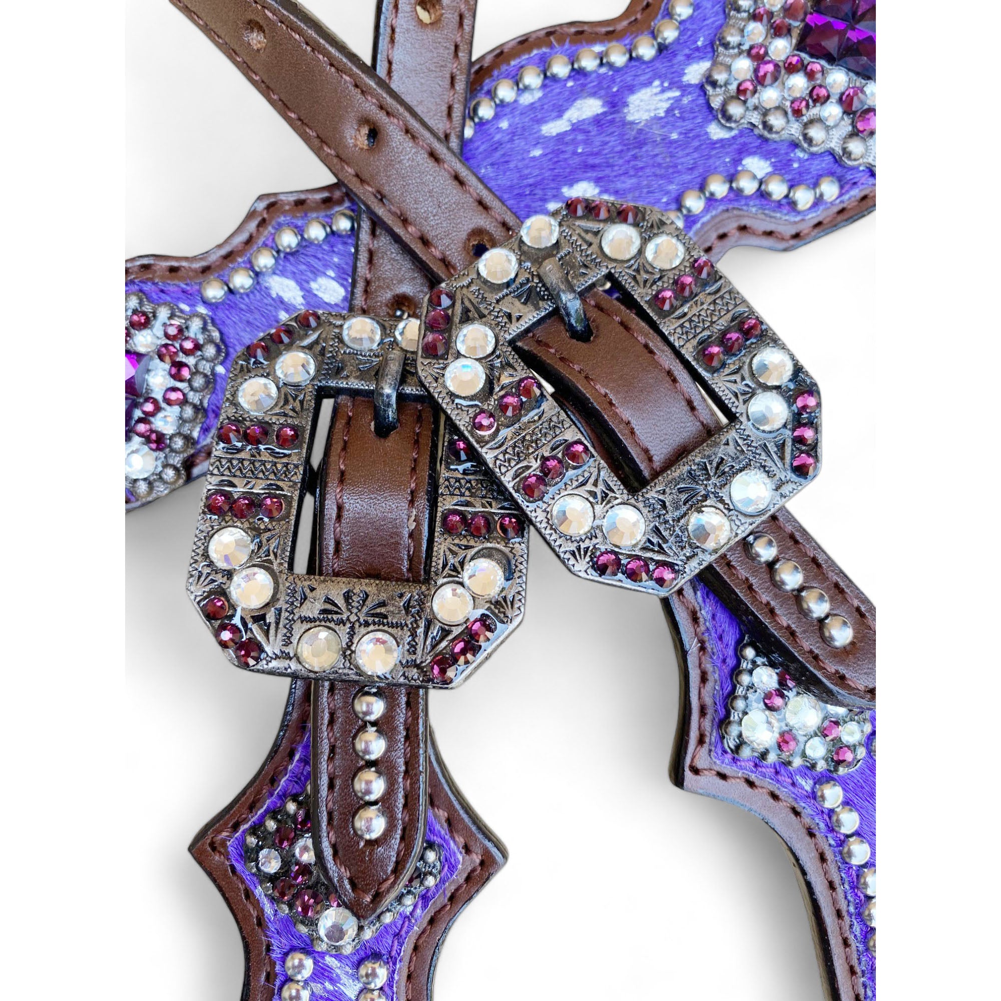 MOUSM Valentine’s Day Western Headstall &amp; Breast Collar Set – Made from Argentina Leather, Purple &amp; Silver Metallic Acid Wash Cowhide Look with Rhinestone Accents