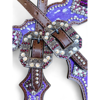 MOUSM Valentine’s Day Western Headstall &amp; Breast Collar Set – Made from Argentina Leather, Purple &amp; Silver Metallic Acid Wash Cowhide Look with Rhinestone Accents