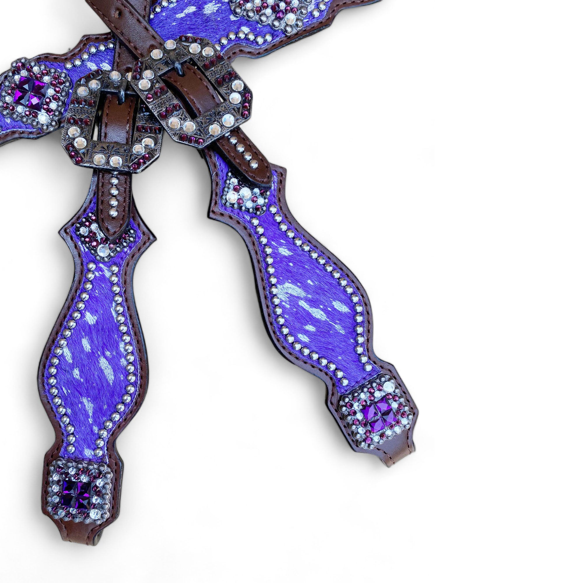 MOUSM Valentine’s Day Western Headstall &amp; Breast Collar Set – Made from Argentina Leather, Purple &amp; Silver Metallic Acid Wash Cowhide Look with Rhinestone Accents