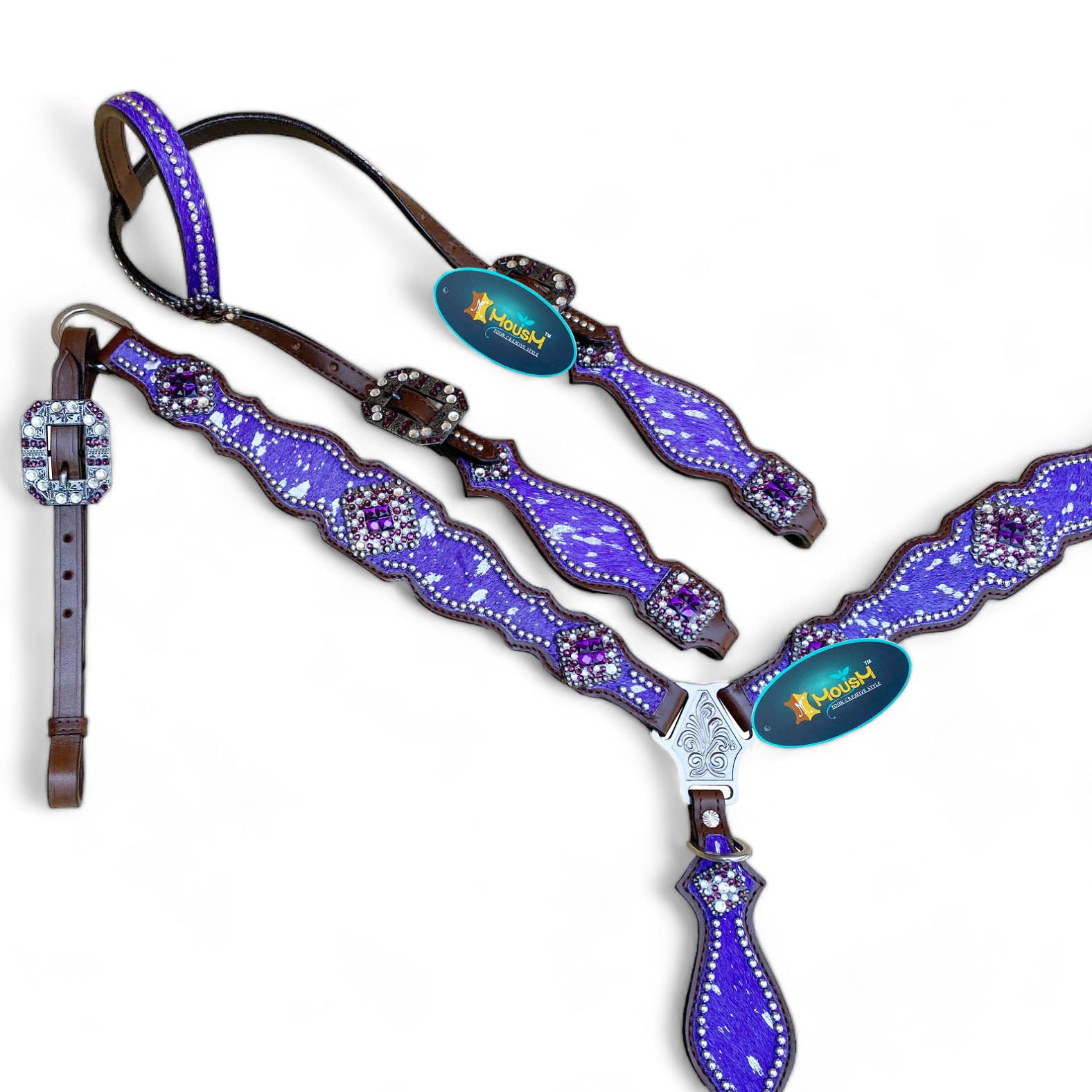 MOUSM Valentine’s Day Western Headstall &amp; Breast Collar Set – Made from Argentina Leather, Purple &amp; Silver Metallic Acid Wash Cowhide Look with Rhinestone Accents