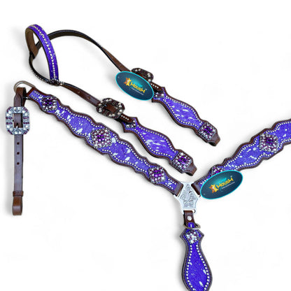 MOUSM Valentine’s Day Western Headstall &amp; Breast Collar Set – Made from Argentina Leather, Purple &amp; Silver Metallic Acid Wash Cowhide Look with Rhinestone Accents