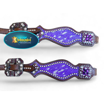 MOUSM Valentine’s Day Western Headstall &amp; Breast Collar Set – Made from Argentina Leather, Purple &amp; Silver Metallic Acid Wash Cowhide Look with Rhinestone Accents