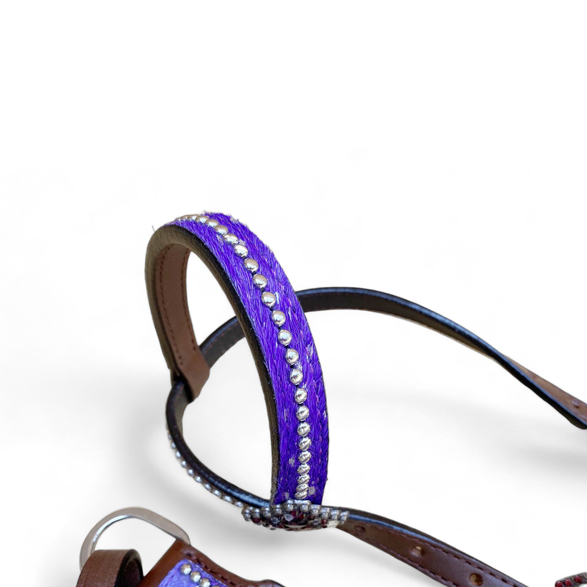 MOUSM Valentine’s Day Western Headstall &amp; Breast Collar Set – Made from Argentina Leather, Purple &amp; Silver Metallic Acid Wash Cowhide Look with Rhinestone Accents