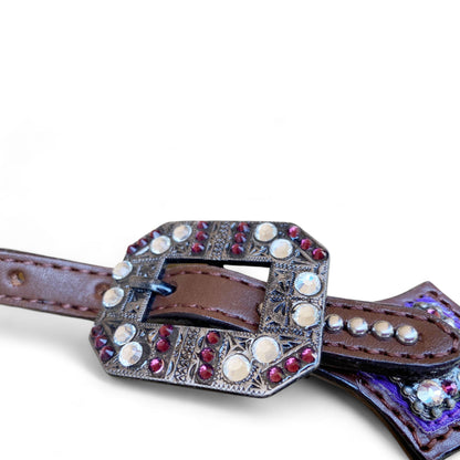 MOUSM Valentine’s Day Western Headstall &amp; Breast Collar Set – Made from Argentina Leather, Purple &amp; Silver Metallic Acid Wash Cowhide Look with Rhinestone Accents