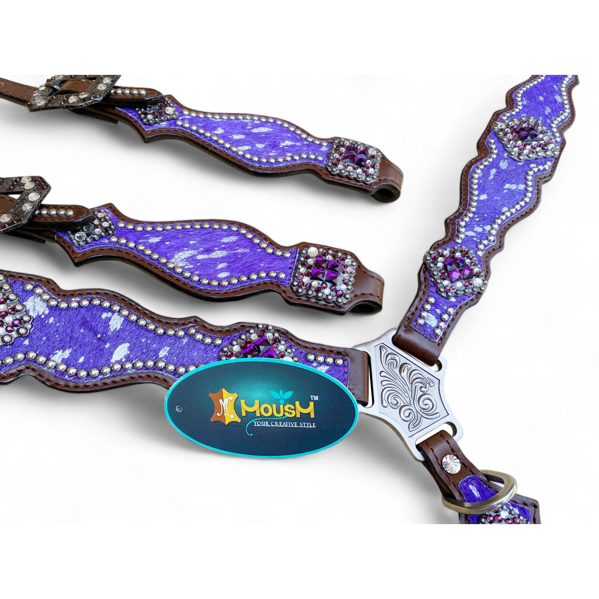 MOUSM Valentine’s Day Western Headstall &amp; Breast Collar Set – Made from Argentina Leather, Purple &amp; Silver Metallic Acid Wash Cowhide Look with Rhinestone Accents