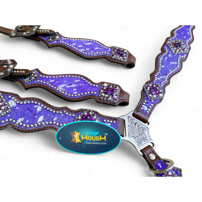 MOUSM Valentine’s Day Western Headstall &amp; Breast Collar Set – Made from Argentina Leather, Purple &amp; Silver Metallic Acid Wash Cowhide Look with Rhinestone Accents