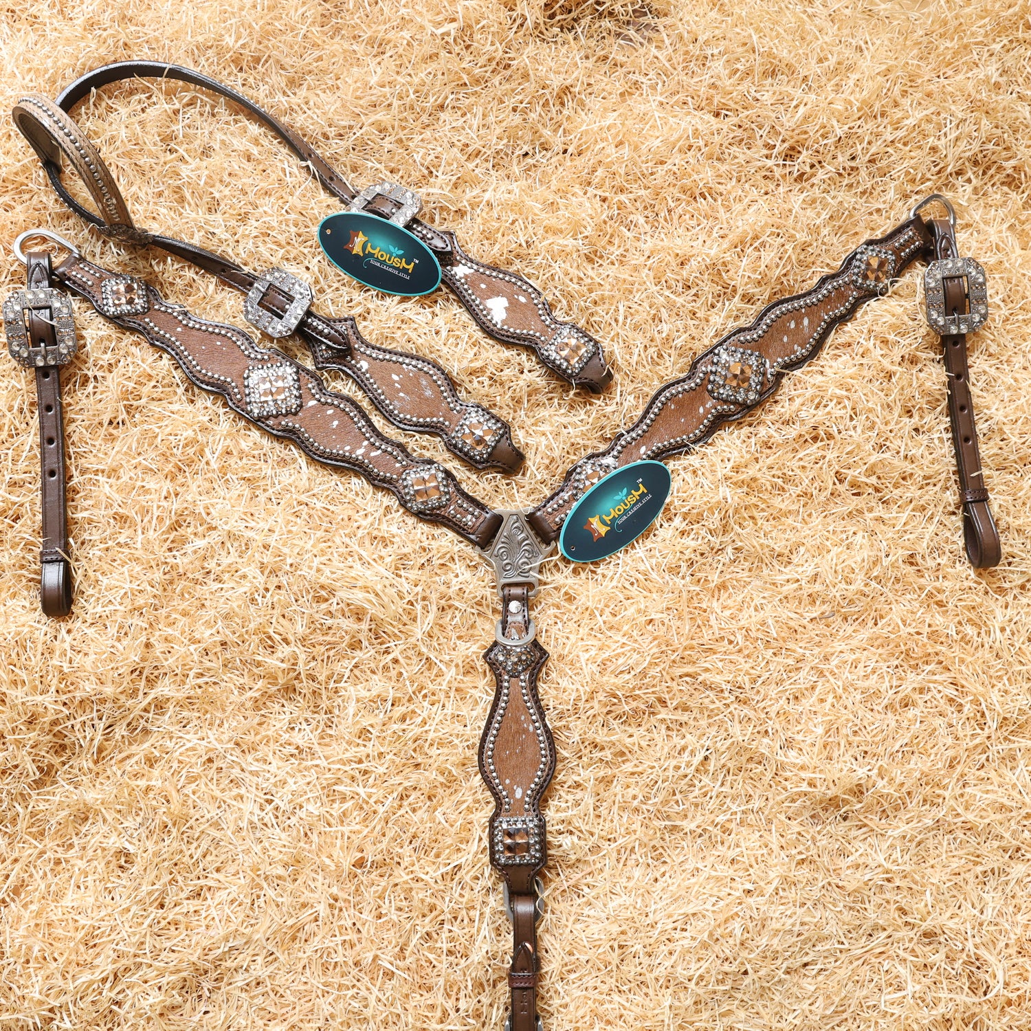 MOUSM Western Headstall and Breast Collar Tack Set for Horse – Argentina Cow Leather Western Bridles and Headstalls Decorated with Dark Tan-Silver Metallic Acid Wash Cowhide Finish