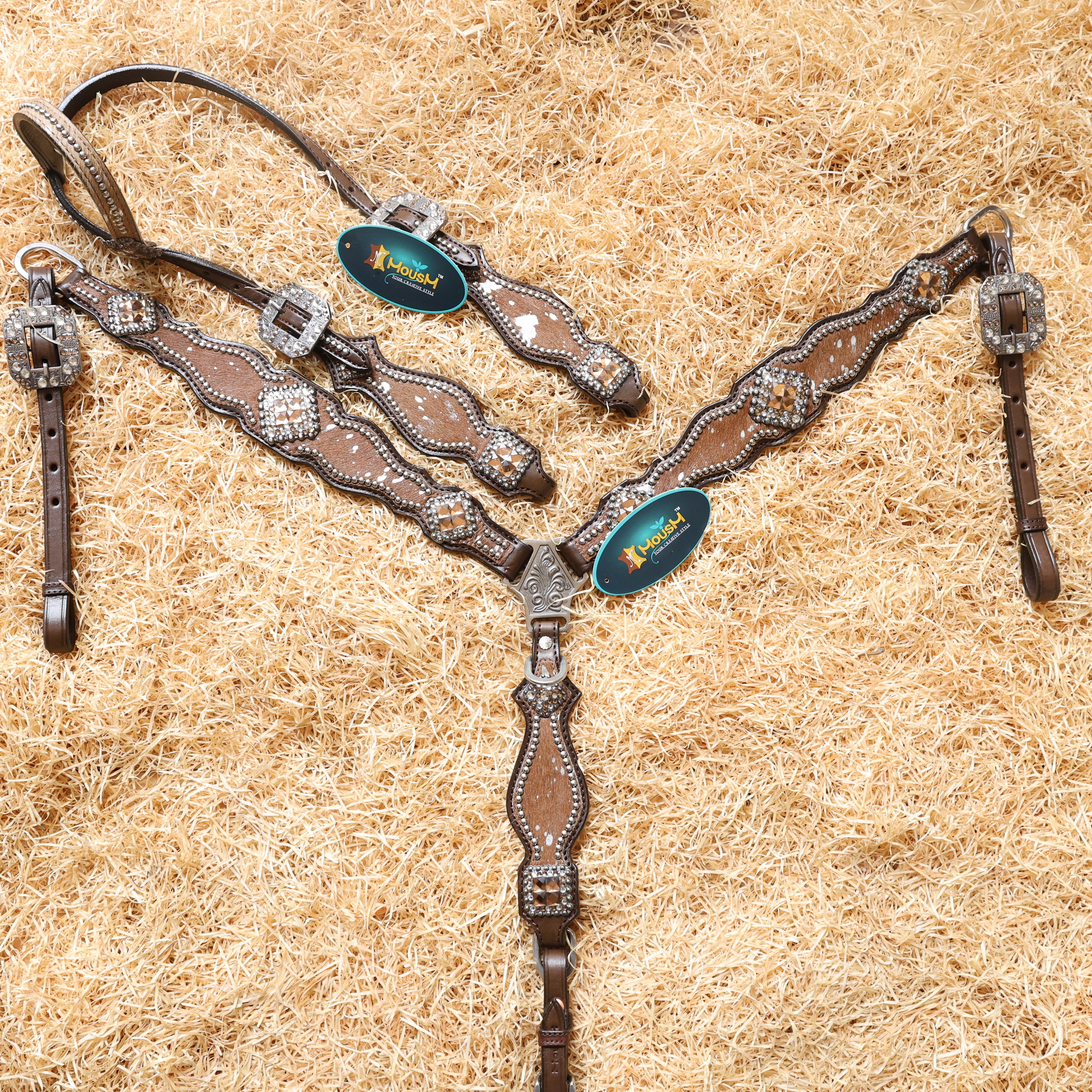 MOUSM Western Headstall and Breast Collar Tack Set for Horse – Argentina Cow Leather Western Bridles and Headstalls Decorated with Dark Tan-Silver Metallic Acid Wash Cowhide Finish
