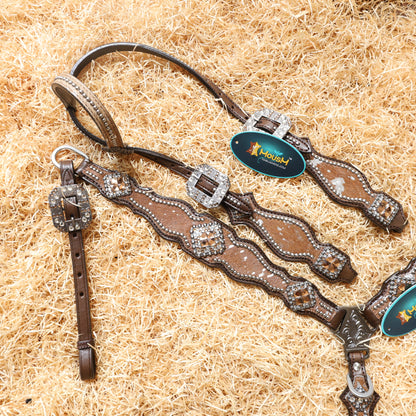 MOUSM Western Headstall and Breast Collar Tack Set for Horse – Argentina Cow Leather Western Bridles and Headstalls Decorated with Dark Tan-Silver Metallic Acid Wash Cowhide Finish
